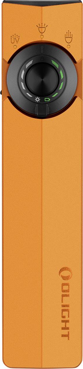 Eine orangefarbene Olight-Taschenlampe mit einem schwarzen mittleren Knopf, die Symbole für Lichtmodi und Helligkeitsstufen aufweist.