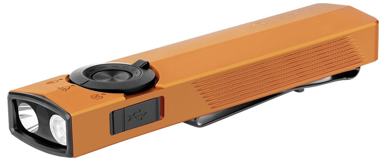 Eine orangefarbene, rechteckige Taschenlampe mit Clip, ausgestattet mit einem Drehregler und USB-Ladeanschluss an der Seite.