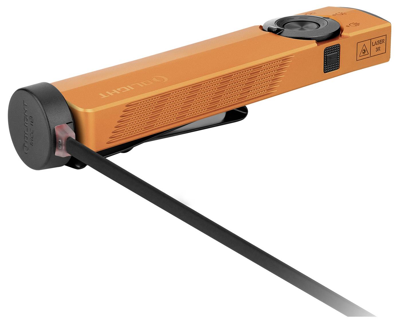 Ein orangefarbenes, tragbares Laser-Nivelliergerät mit sichtbarem Strahl, das für präzise Ausrichtung bei Bau- und DIY-Projekten verwendet wird.