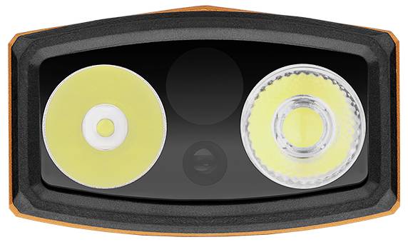 Zwei kreisförmige LED-Leuchten, eine glatt und eine strukturiert, in einem schwarzen und orangefarbenen Gehäuse von vorne betrachtet.