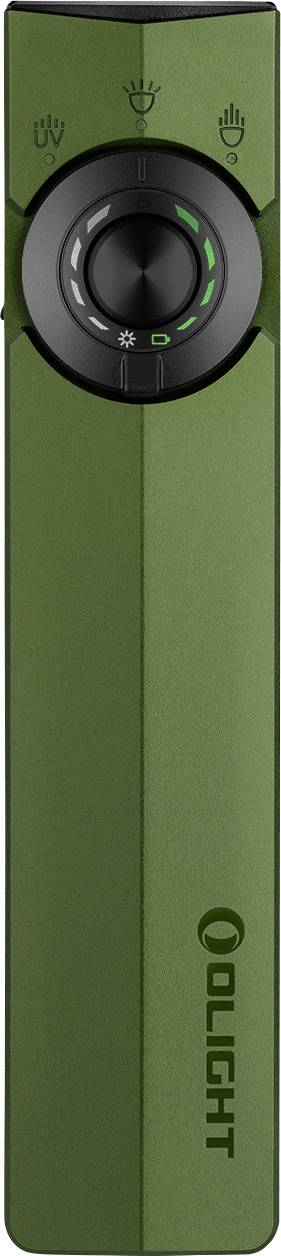 Eine mattgrüne Taschenlampe mit einem schwarzen Kontrollregler, mit Symbolen für verschiedene Strahlmodi. Der Markenname „OLIGHT