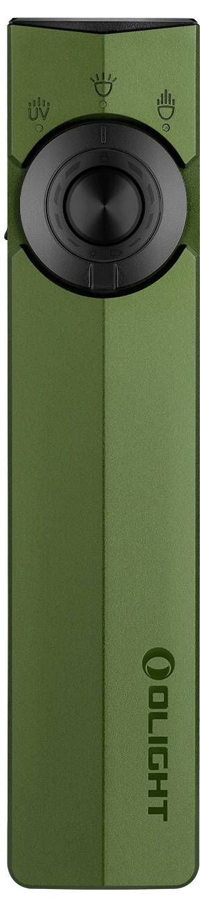 Eine grüne tragbare Taschenlampe mit einem zentralen schwarzen Knopf und drei Symbolen darüber, auf der Vorderseite mit der Marke „OLIGHT