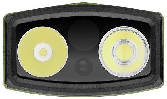 Nahaufnahme eines Zwei-LED-Taschenlampen-Kopfes, der einen glatten Reflektor auf der linken Seite und einen strukturierten Reflektor auf der rechten Seite zeigt.