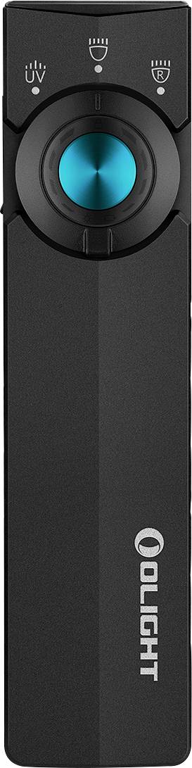 Eine kompakte schwarze Olight-Taschenlampe mit einem runden blauen Knopf in der Mitte, die drei Lichtstufen mit Symbolen oben aufweist.