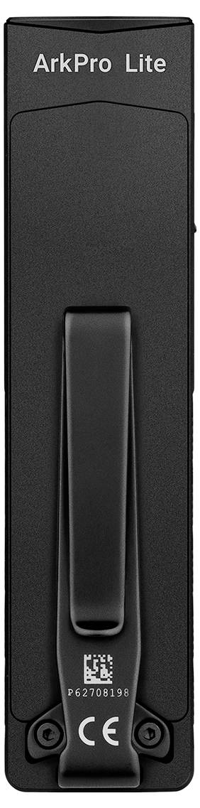 Black ArkPro Lite Gerät mit Clip; CE-Kennzeichnung und Seriennummer auf der Unterseite aufgedruckt.
