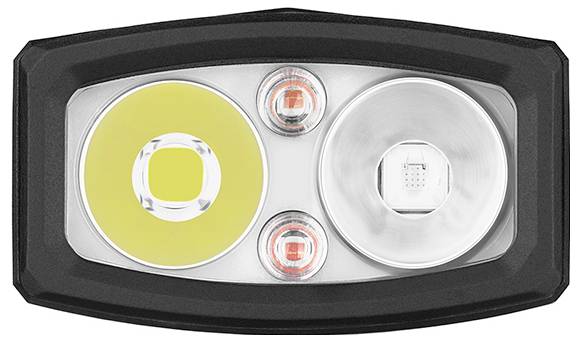 Ein rechteckiges Scheinwerfer mit zwei großen kreisförmigen Lichtern; eines gelb und eines silberfarben, flankiert von zwei kleineren roten Lichtern, in einem schwarzen Gehäuse.