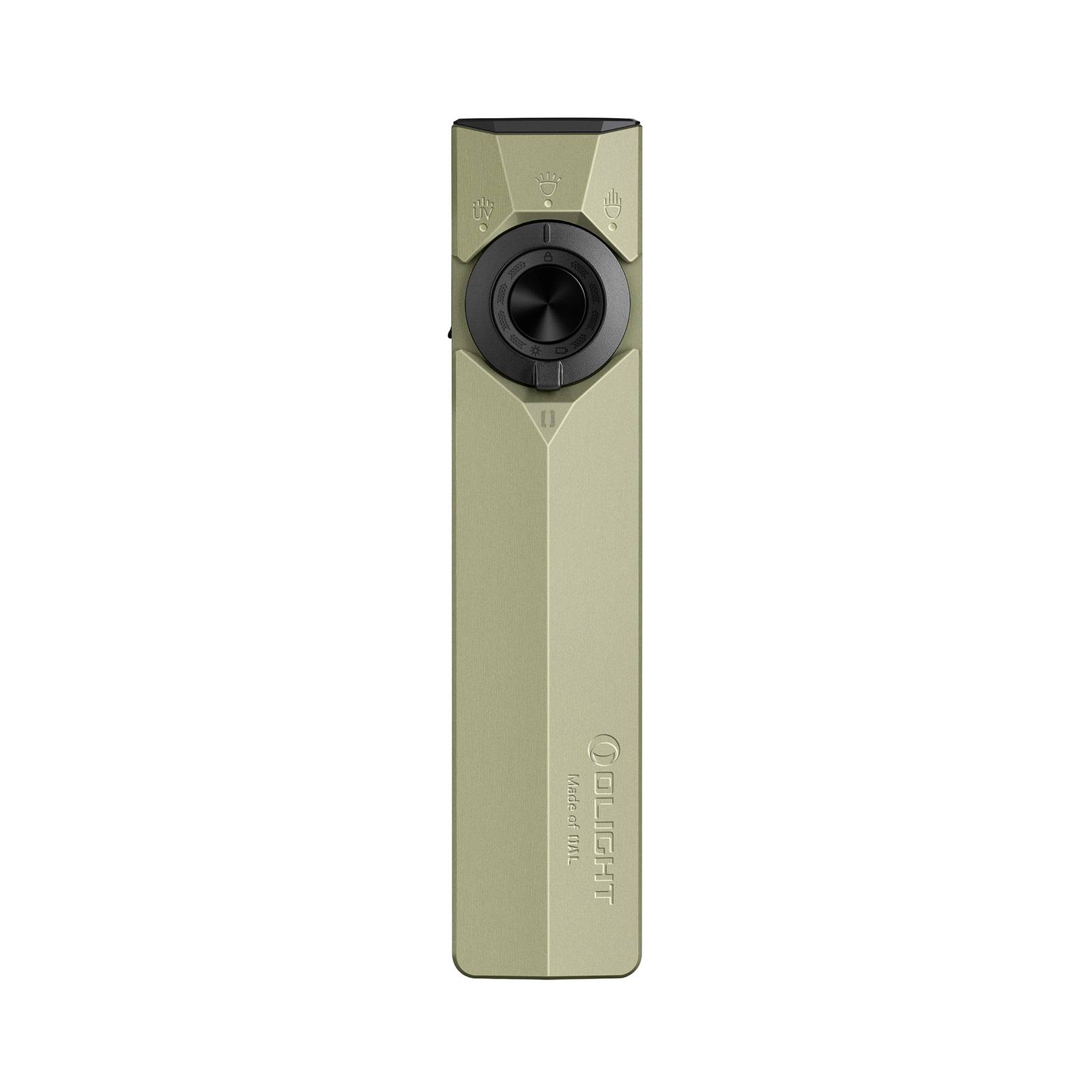 Ein schlankes, rechteckiges Vape-Gerät in Gold mit einem kreisförmigen Knopf in der Mitte, mit den Markenbezeichnungen 
