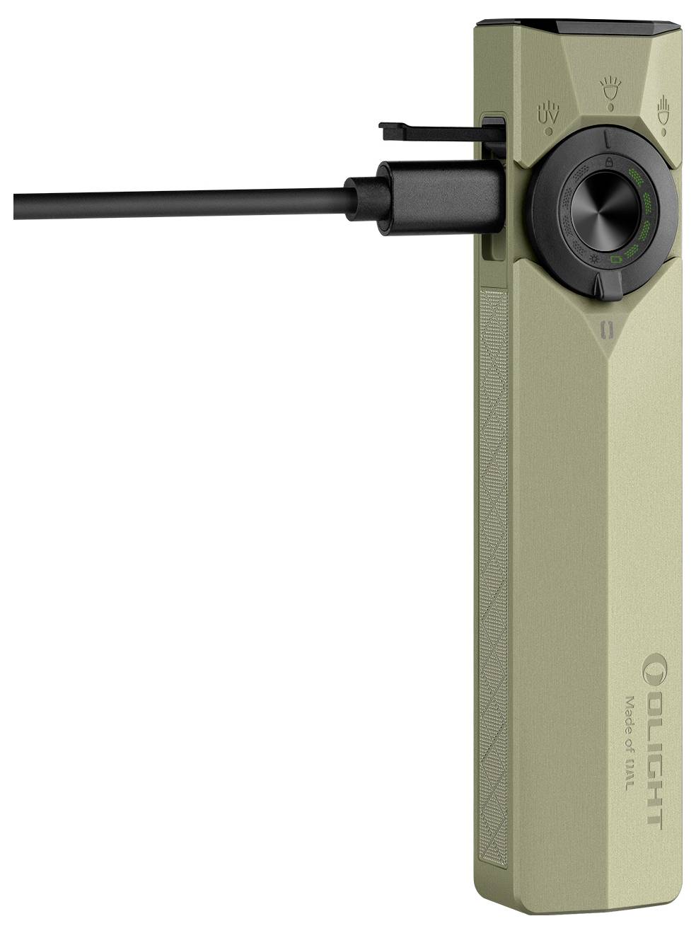 Ein olivgrünes rechteckiges Gerät mit der Bezeichnung „Olight