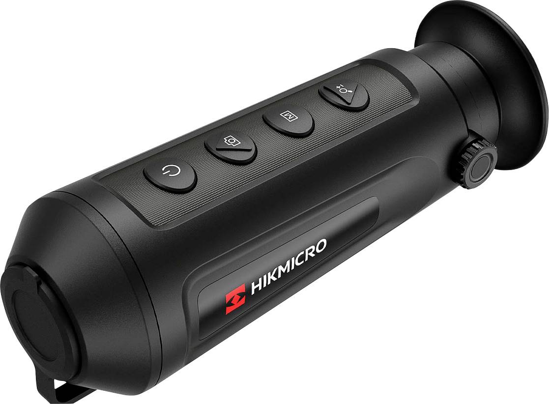 Ein schwarzes Wärmebildgerät mit vier Tasten oben, Marke 'Hikmicro', mit rotem Logo und ergonomischem Griffdesign.