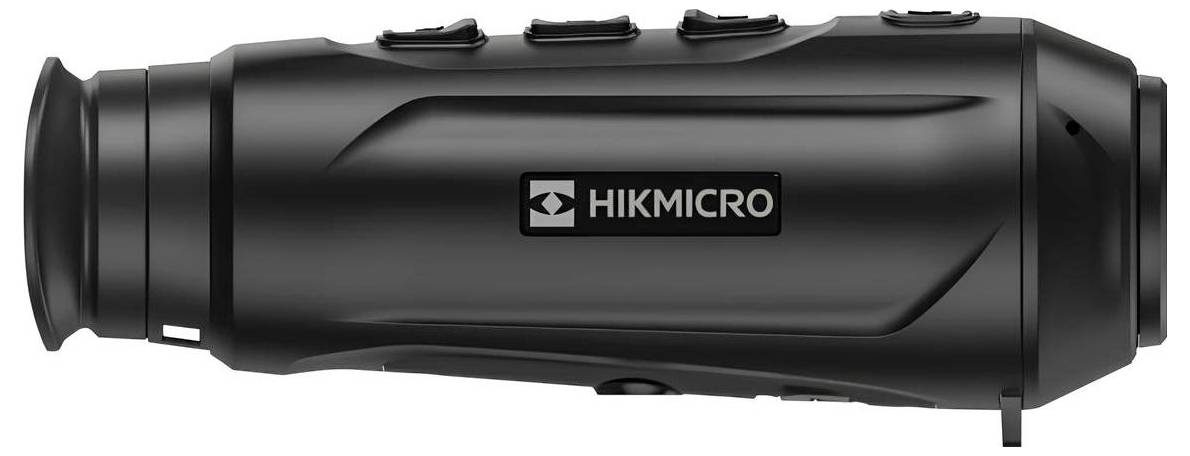 Ein schwarzes tragbares Wärmebild-Monokular mit Linse, Tasten und „HIKMICRO