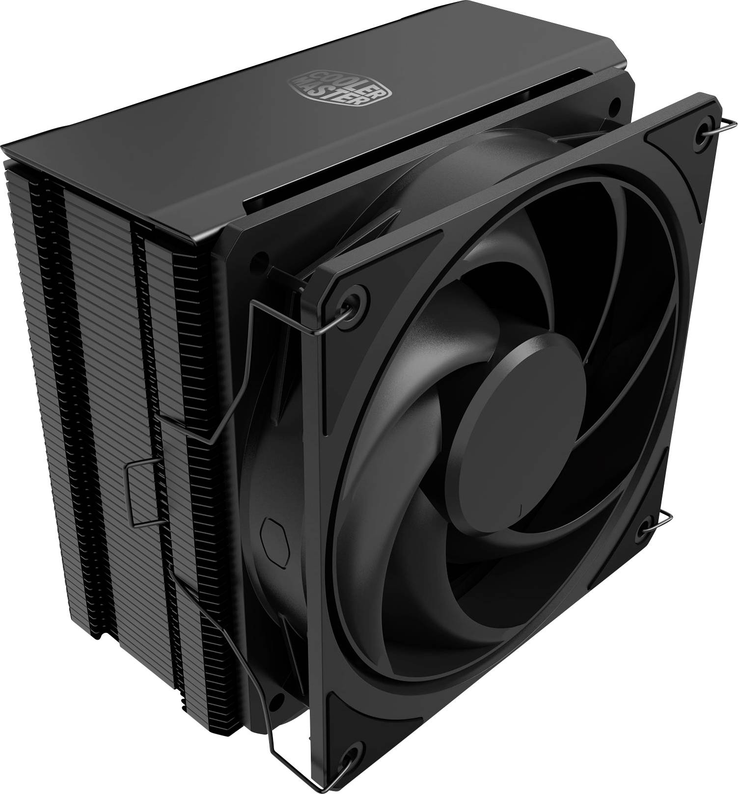 Schwarzer Cooler Master CPU-Luftkühler mit großem Frontlüfter und Lamellenstapel, dargestellt auf weißem Hintergrund.