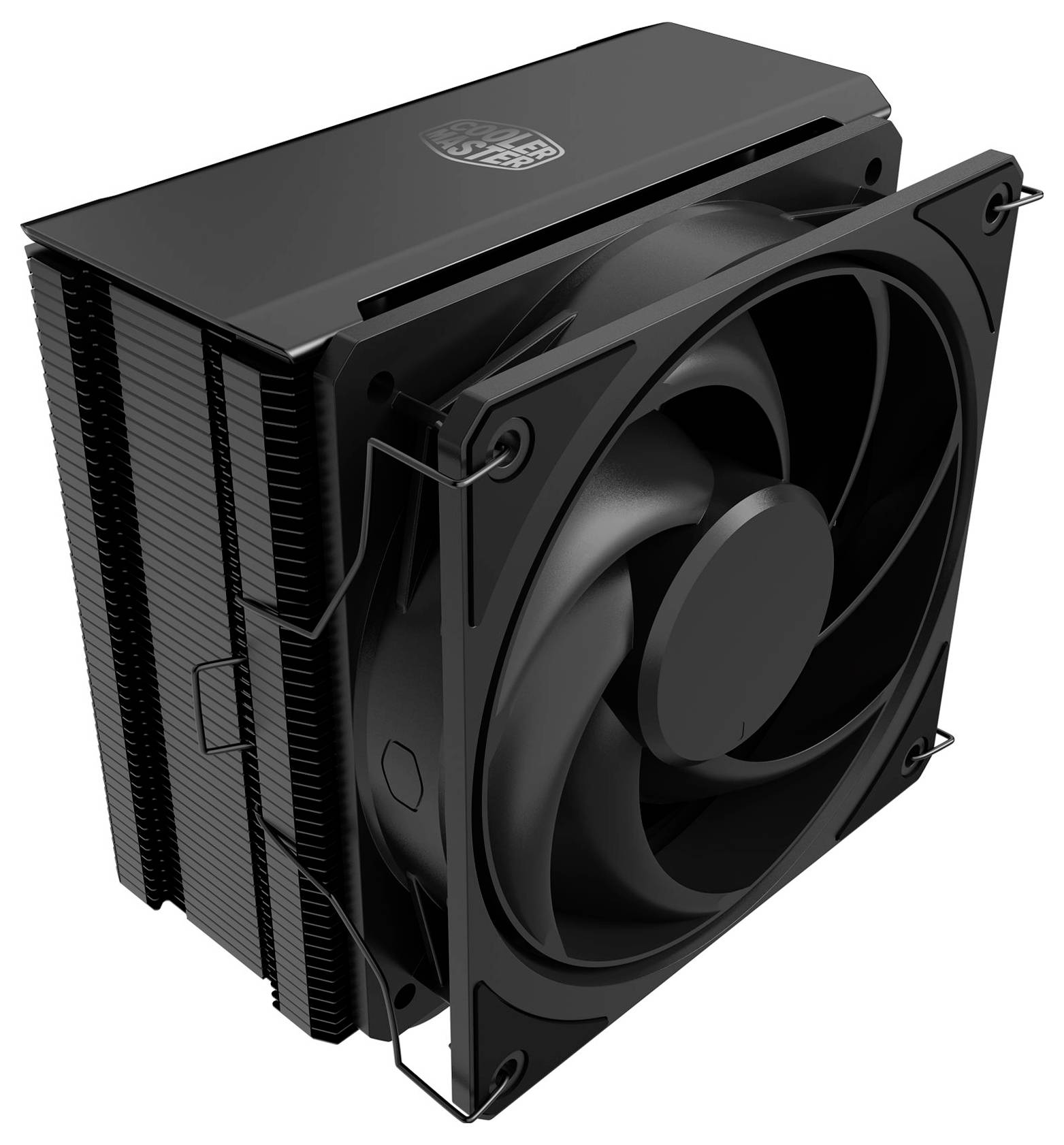 Schwarzer CPU-Luftkühler mit großem quadratischen Lüfter und geripptem Kühlkörper auf weißem Hintergrund.