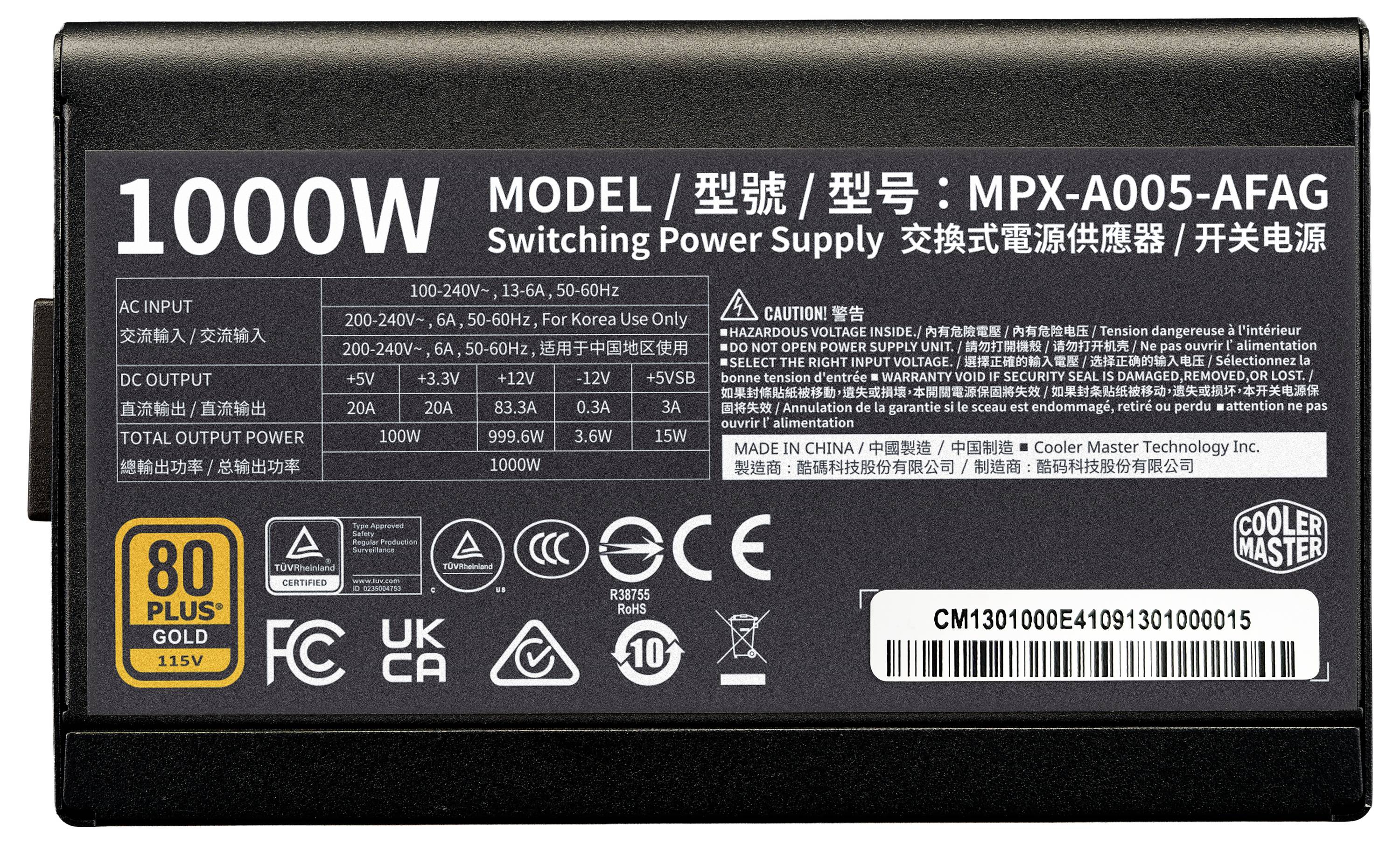 Cooler Master ELITE GOLD 1000FM PC Netzteil 1000W ATX 80PLUS® Gold