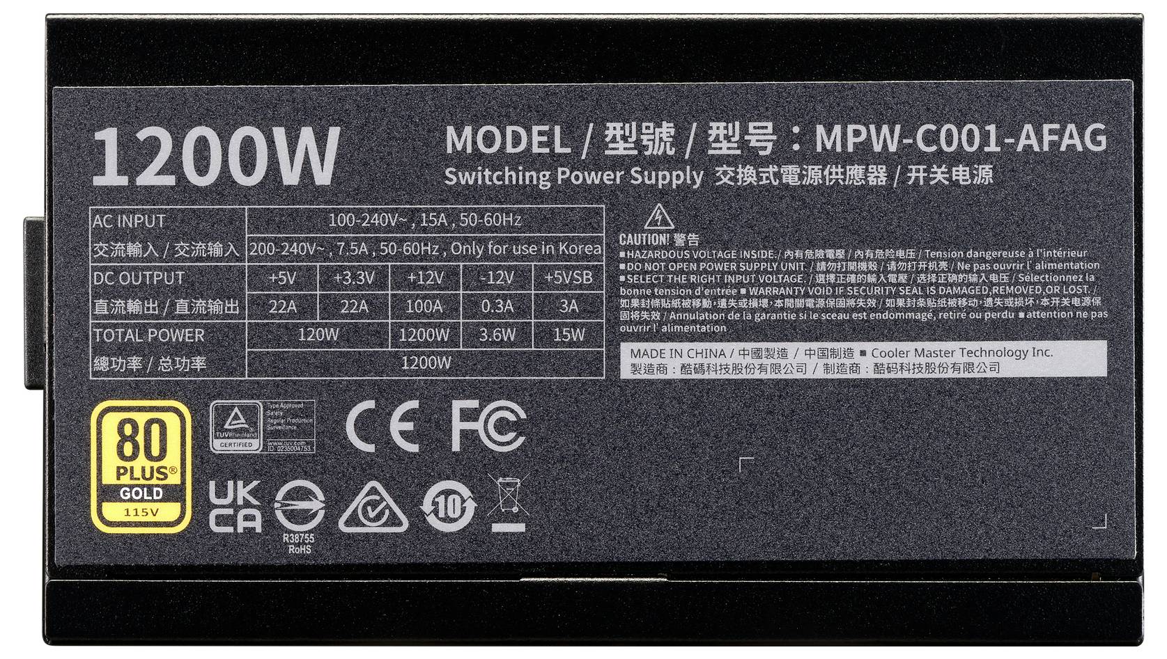 1200W Schaltnetzteil.Merkmale: Bereich der AC-Eingangsspannung, Beschreibungen der DC-Ausgänge, Sicherheitszertifizierungen und Herstellerangaben.