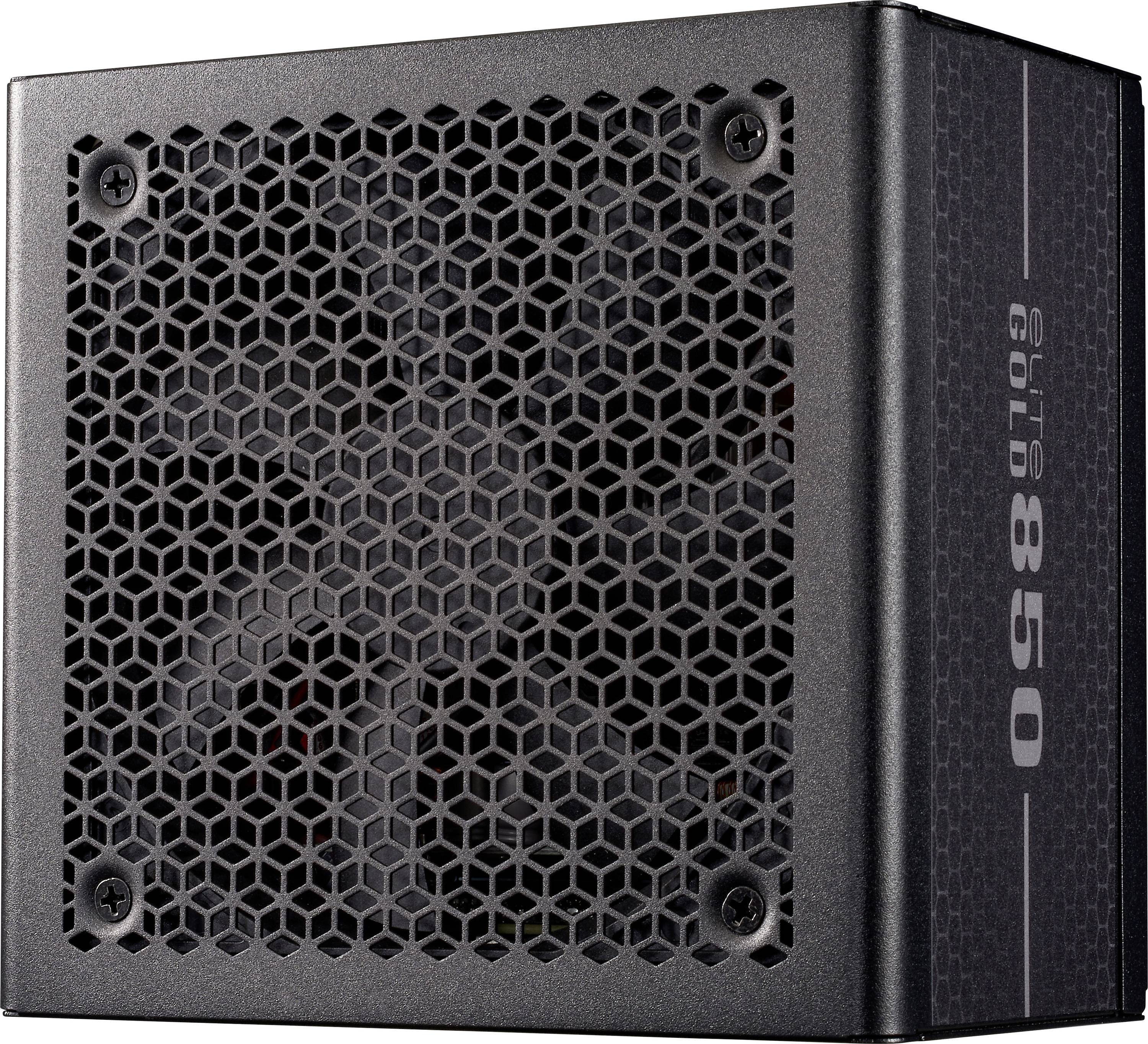 Schwarze Computer-Stromversorgungseinheit mit Wabenbelüftungsgitter und „850