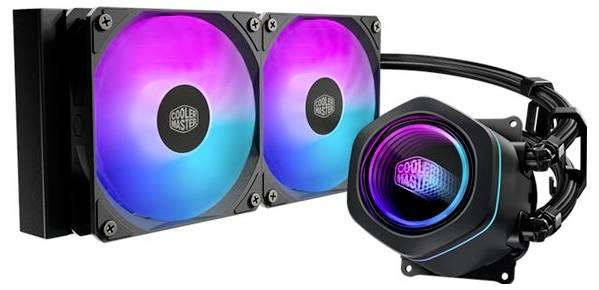 Cooler Master Flüssig-CPU-Kühler-Set mit RGB-beleuchteten Doppellüftern und rundem Pumpenblock, gezeigt mit verbundenen Schläuchen und schwarzen Montageklammern.