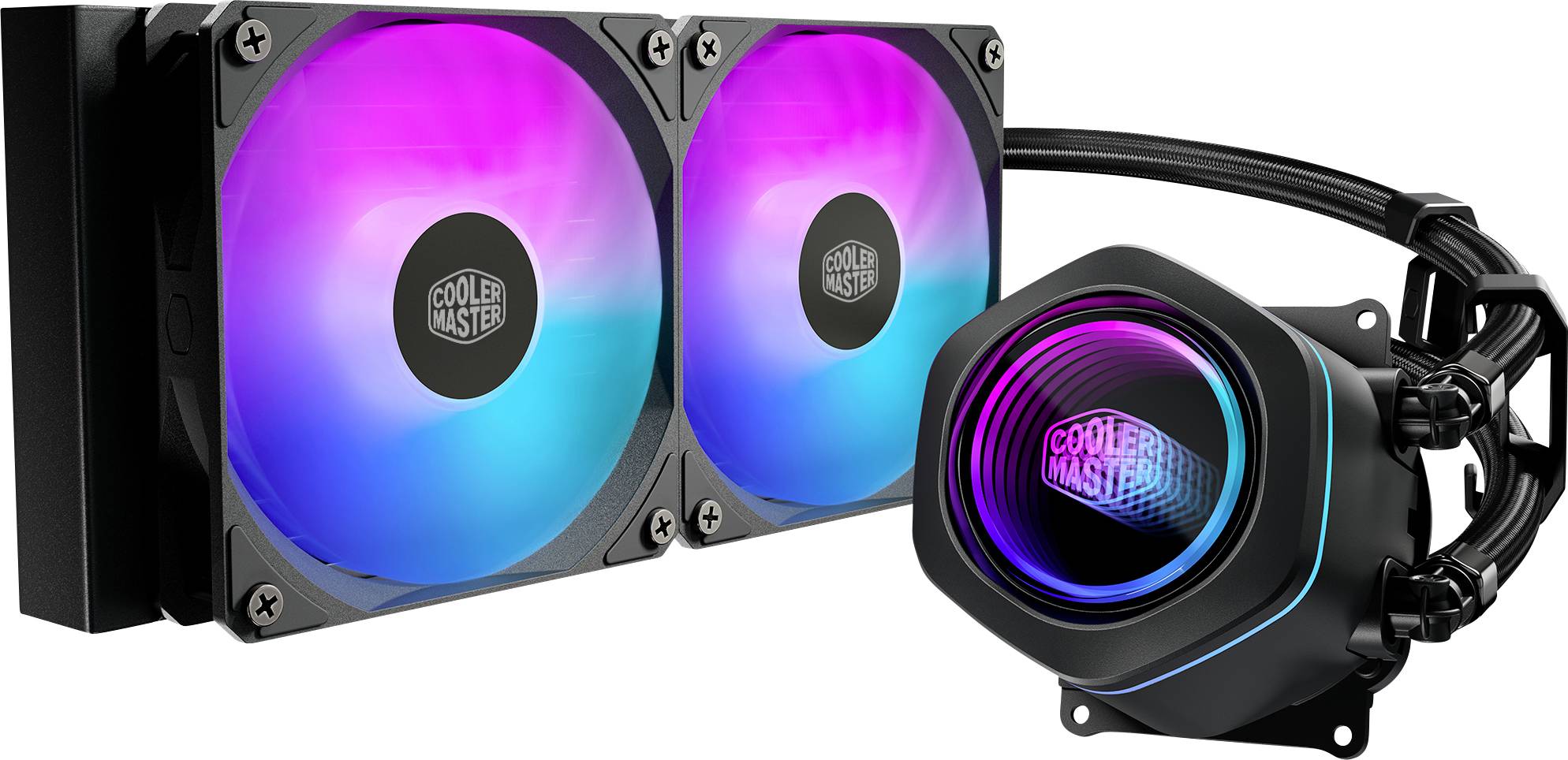 Cooler Master Flüssigkeitskühler für CPUs mit dualen RGB-Lüftern und leuchtendem Pumpenkopf auf weißem Hintergrund.