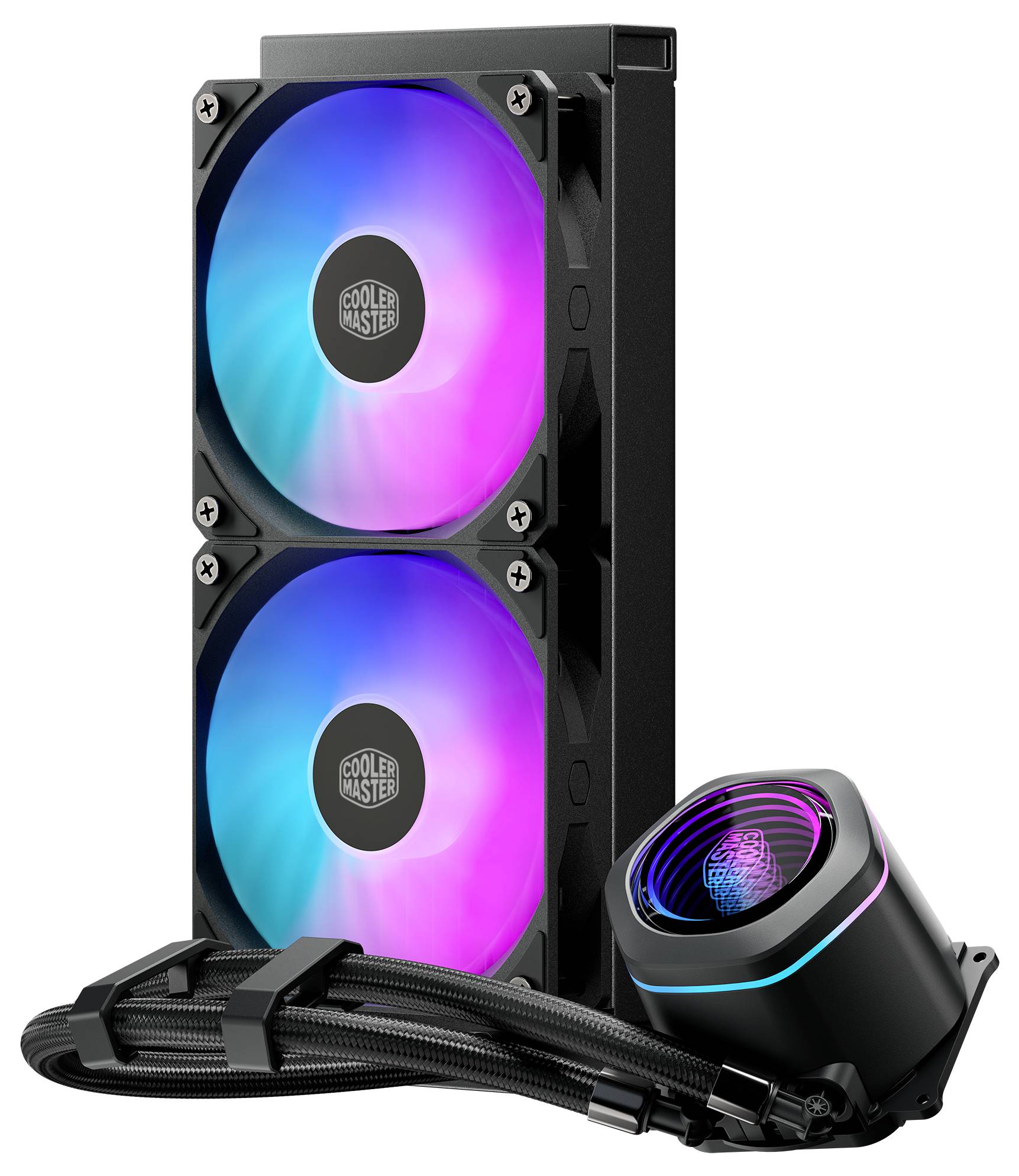 Duale RGB-Flüssigkeits-CPU-Kühlung mit zwei Kühlerlüftern, geflochtenen Schläuchen und beleuchtetem Pumpenblock auf weißem Hintergrund.