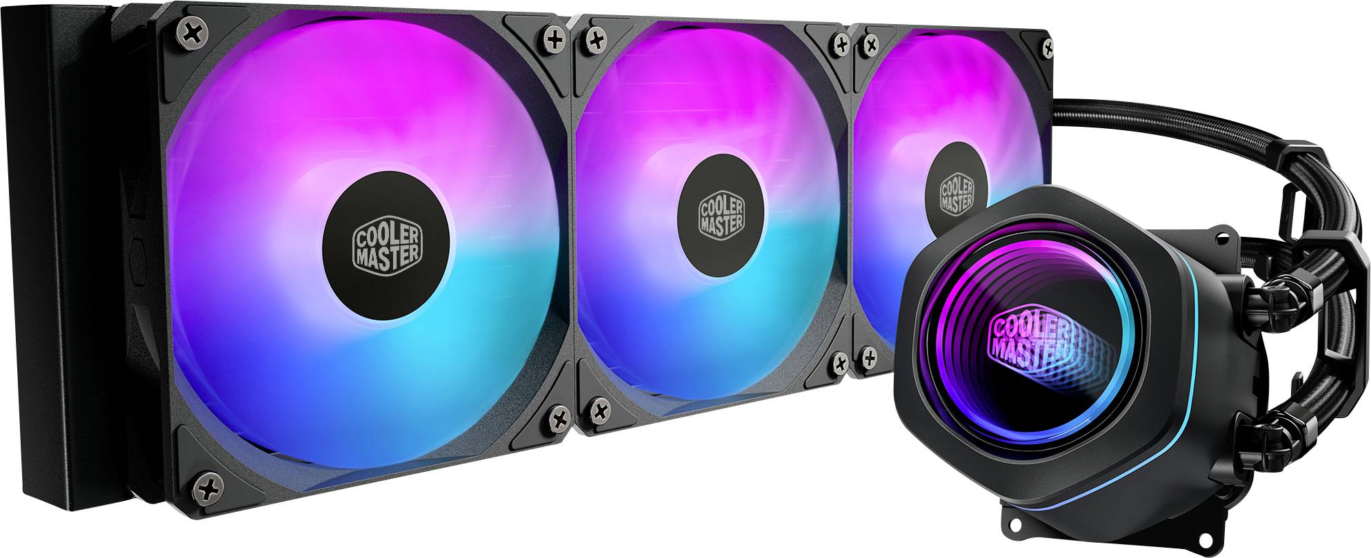 RGB-Flüssigkeitskühler für CPU mit drei beleuchteten Kühlerlüftern und einem Pumpenblock, dargestellt mit angeschlossenen Schläuchen auf weißem Hintergrund.