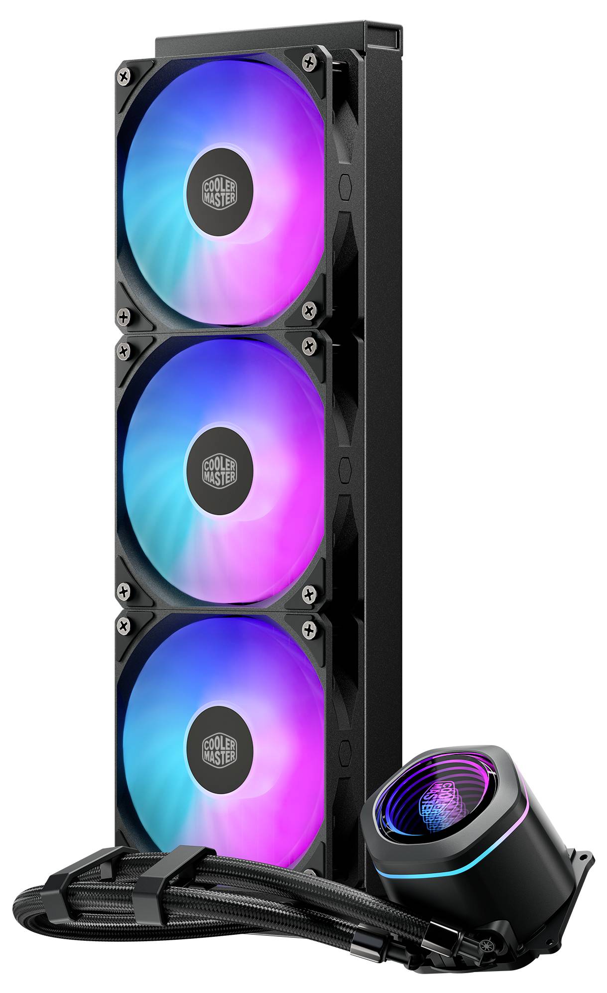 Drei RGB-Gehäuselüfter vertikal übereinander gestapelt mit einer Flüssigkeits-CPU-Kühlerpumpe und geflochtenen Schläuchen, dargestellt als Kühlungsset auf weißem Hintergrund.