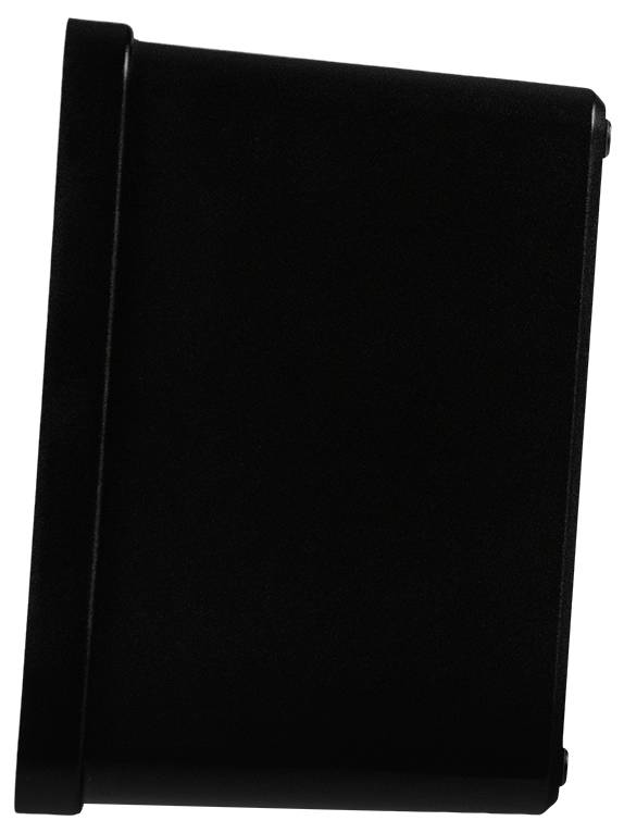 Schwarzes, rechteckiges Elektronikgehäuse mit abgerundeter Kante; Ansicht von der Seite.