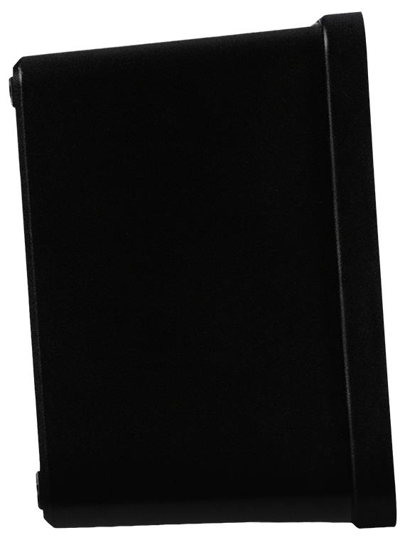 Eine schwarze, rechteckige Form mit leicht gekrümmten Kanten, aufrecht positioniert vor einem weißen Hintergrund.