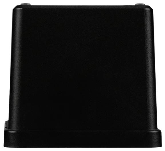 Schwarzer, kastenförmiger Gegenstand mit abgerundeten Kanten, möglicherweise ein Elektronikgerät oder Teil einer Einrichtung.