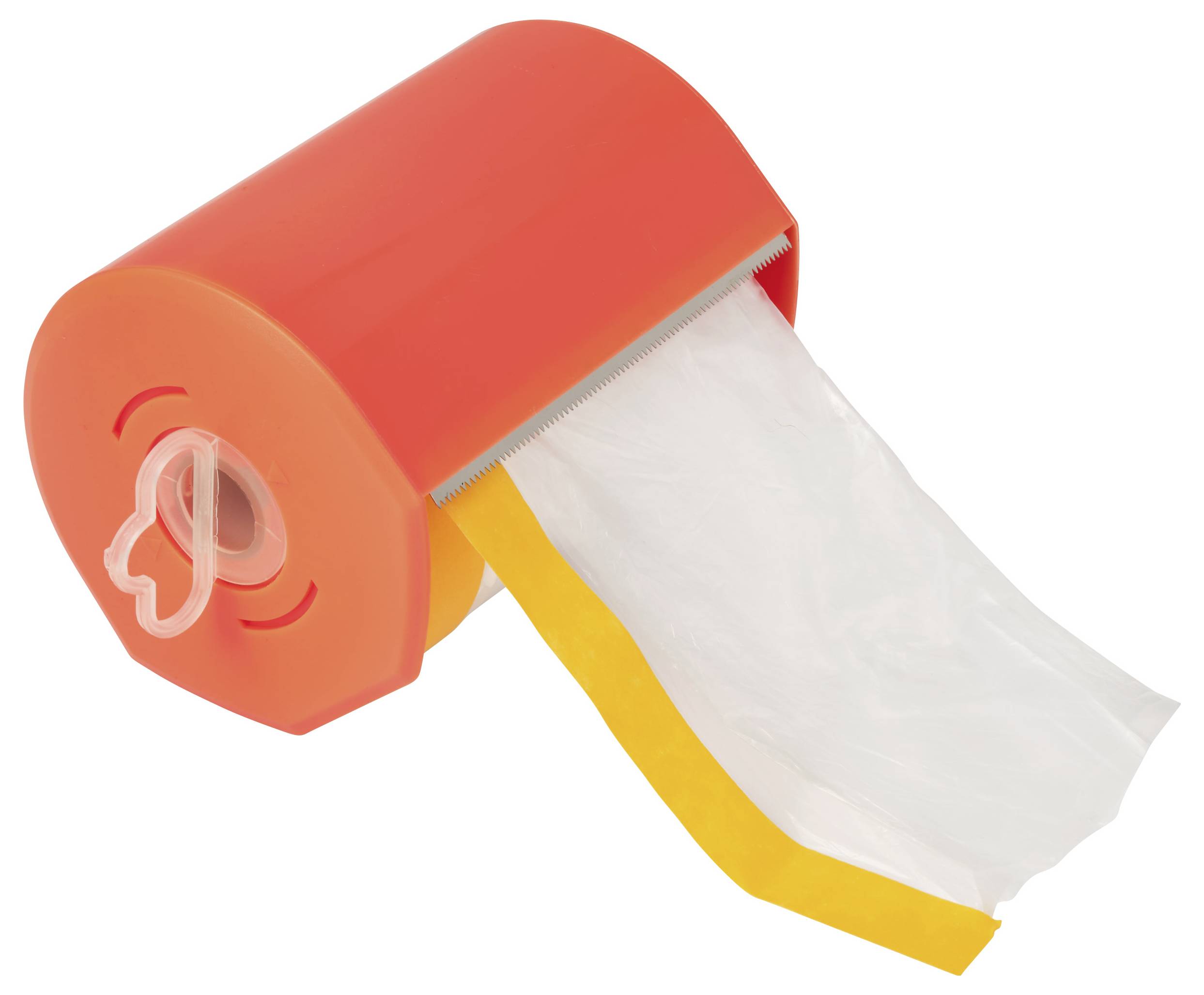 Oranger Kunststoff-Rollenspender mit durchsichtigem Abreißtab, aus dem ein weißes Blatt mit einem gelben Streifen auf weißem Hintergrund herauskommt.