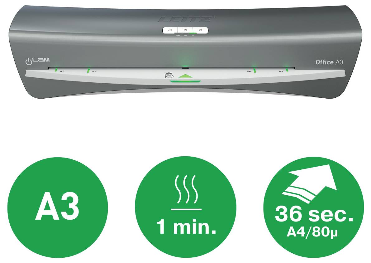 A3-Laminiermaschine mit Indikatoren für Stromversorgung, 1-Minuten-Aufwärmzeit und 36-Sekunden-Laminiergeschwindigkeit für A4/80 Mikron.