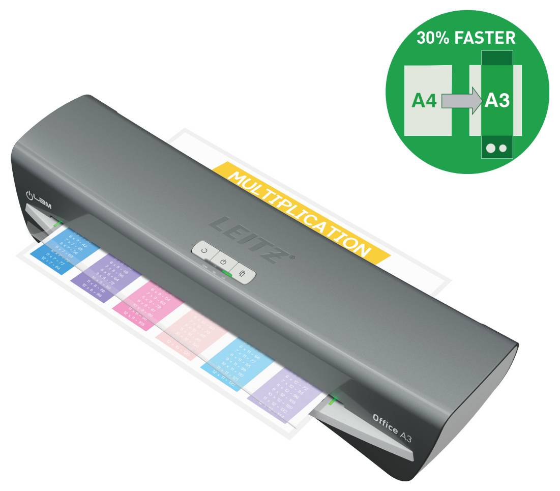 Ein A3-Bürolaminiergerät mit Blättern, die laminiert werden. Ein grünes Abzeichen besagt „30% schneller