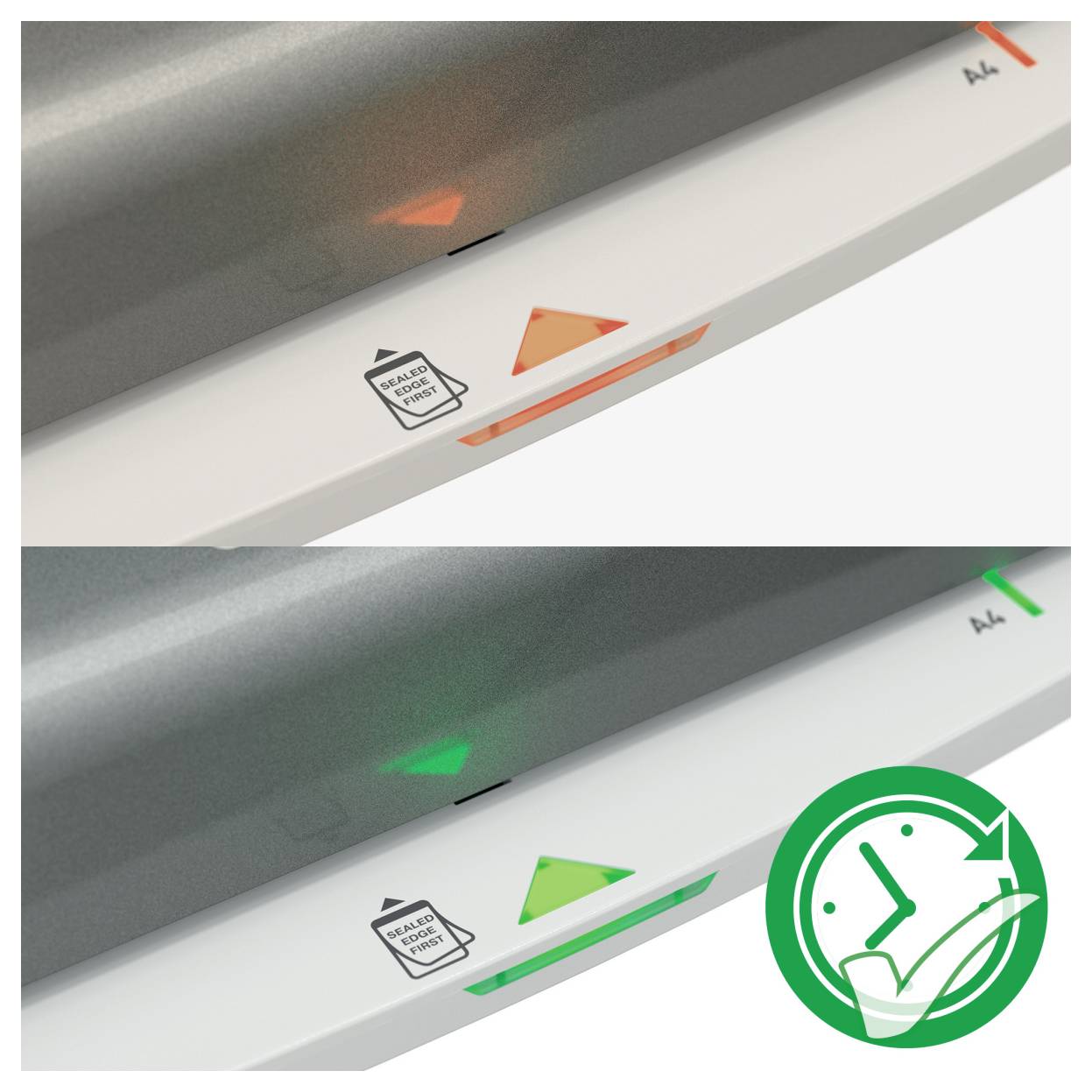 Ein Druckerdisplay zeigt einen Fehler mit einem orangefarbenen Symbol und einem Papiersymbol an. Darunter zeigt ein grünes Symbol die korrekte Papierausrichtung an.