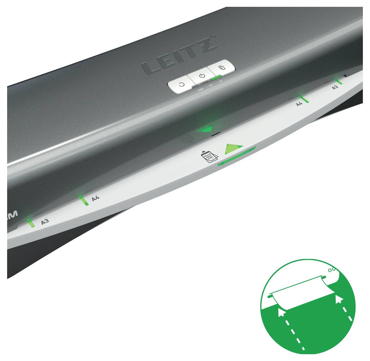 Nahaufnahme einer Leitz-Maschine mit einem grünen Kontrollleuchten-Indikator und Steuertasten. Eine eingefügte Grafik zeigt Richtlinien zur Papierausrichtung.