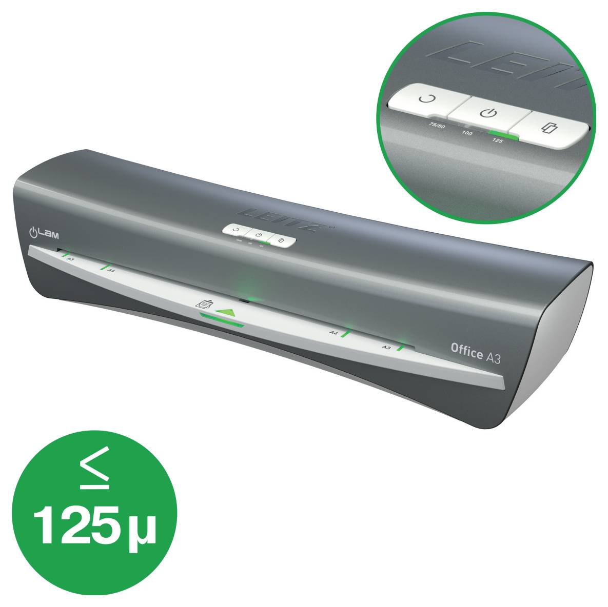 Ein eleganter, grauer Laminiergerät mit einem Bedienfeld und einem Symbol, das anzeigt, dass es Foliendicken bis zu 125 Mikrometern verarbeiten kann.