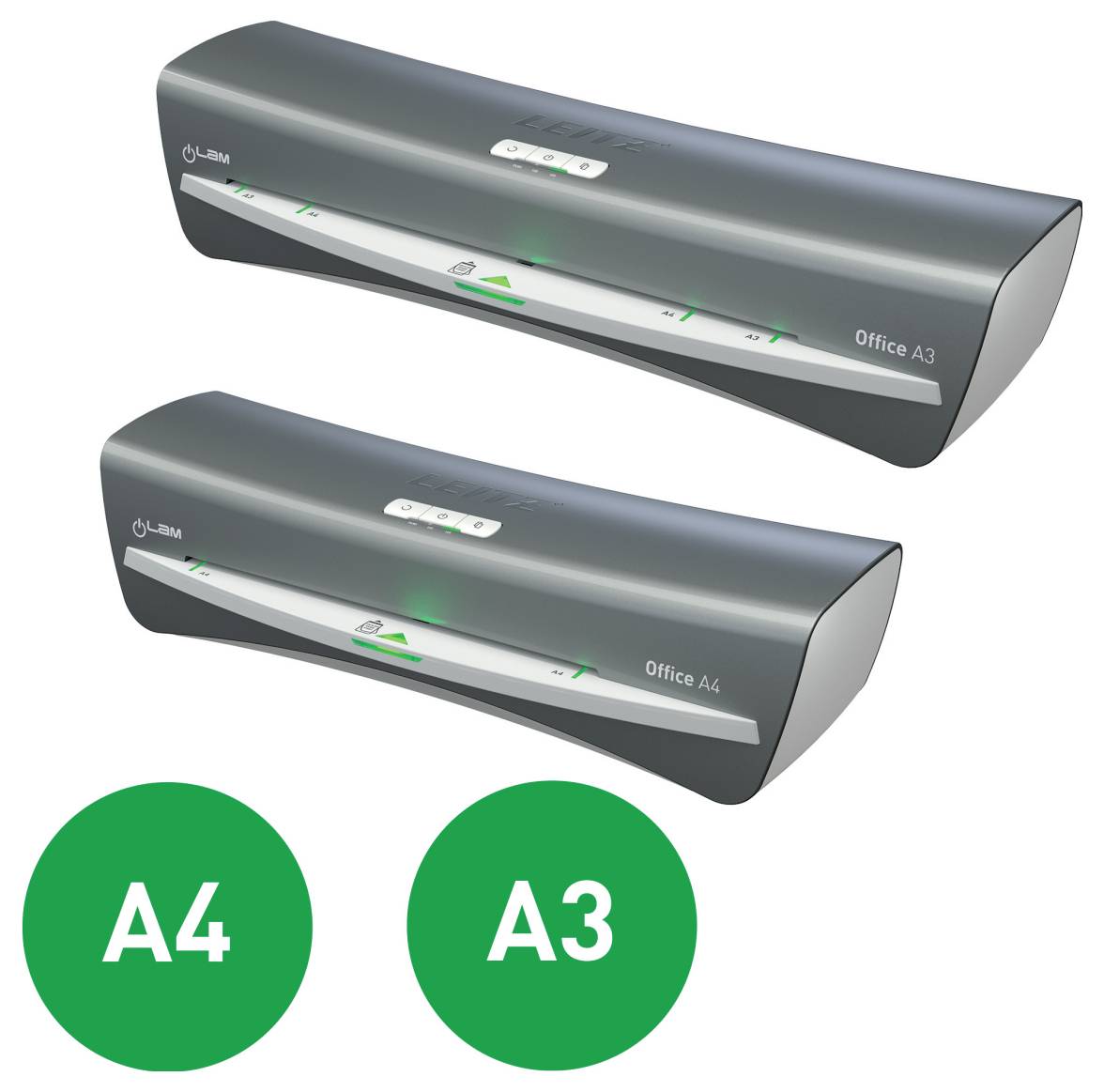 Zwei graue Laminiergeräte mit der Beschriftung Office A3 und Office A4. Darunter befinden sich grüne Kreise mit weißem Text: A4 und A3, die Größenoptionen angeben.