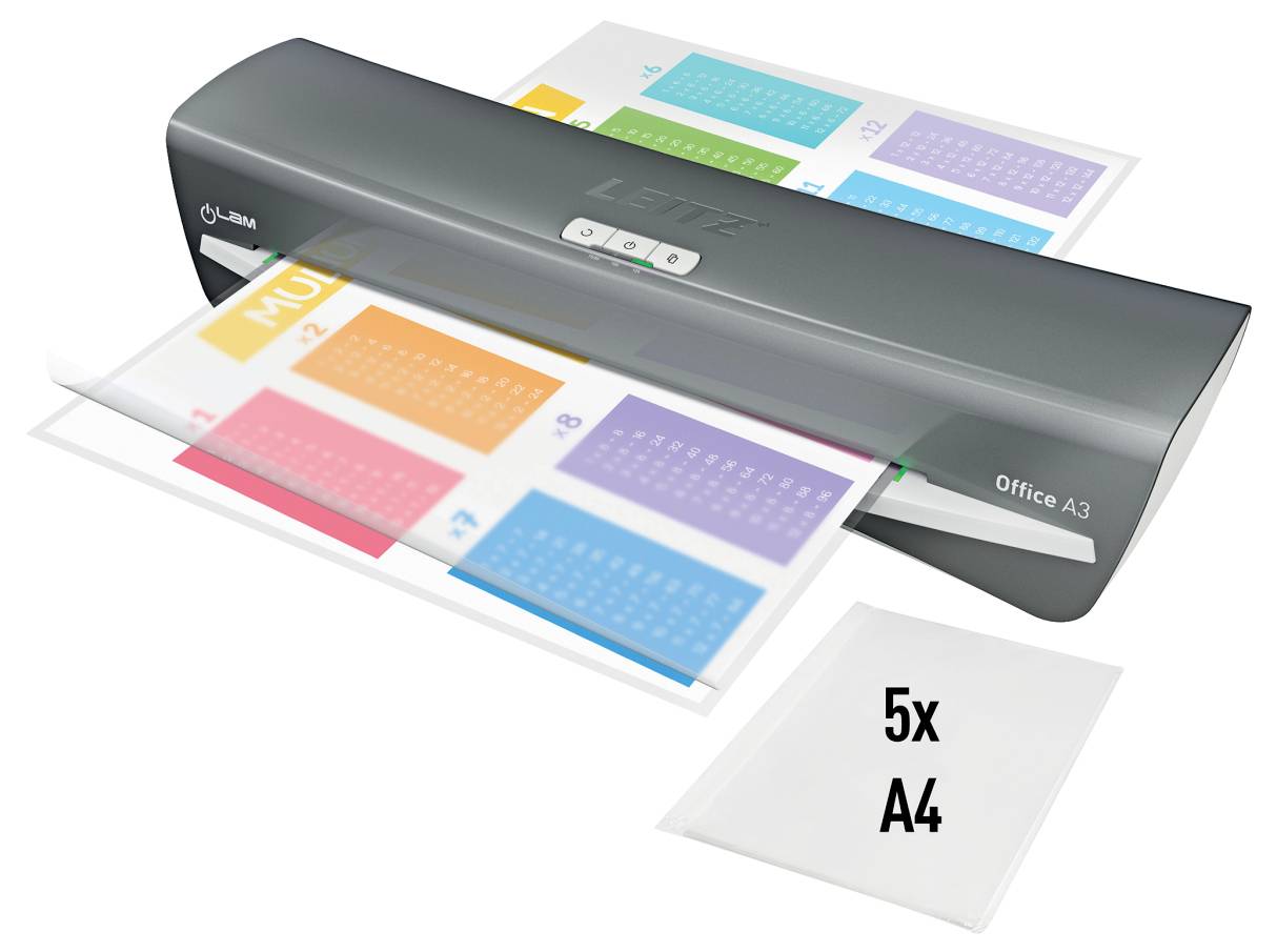 'Laminiergerät verarbeitet ein farbiges Kalenderblatt, das „5x A4