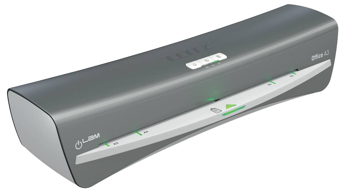 Ein grauer Leitz Office Laminiergerät mit Steuertasten, Stromsymbol und beleuchteten Anzeigen für verschiedene Funktionen.