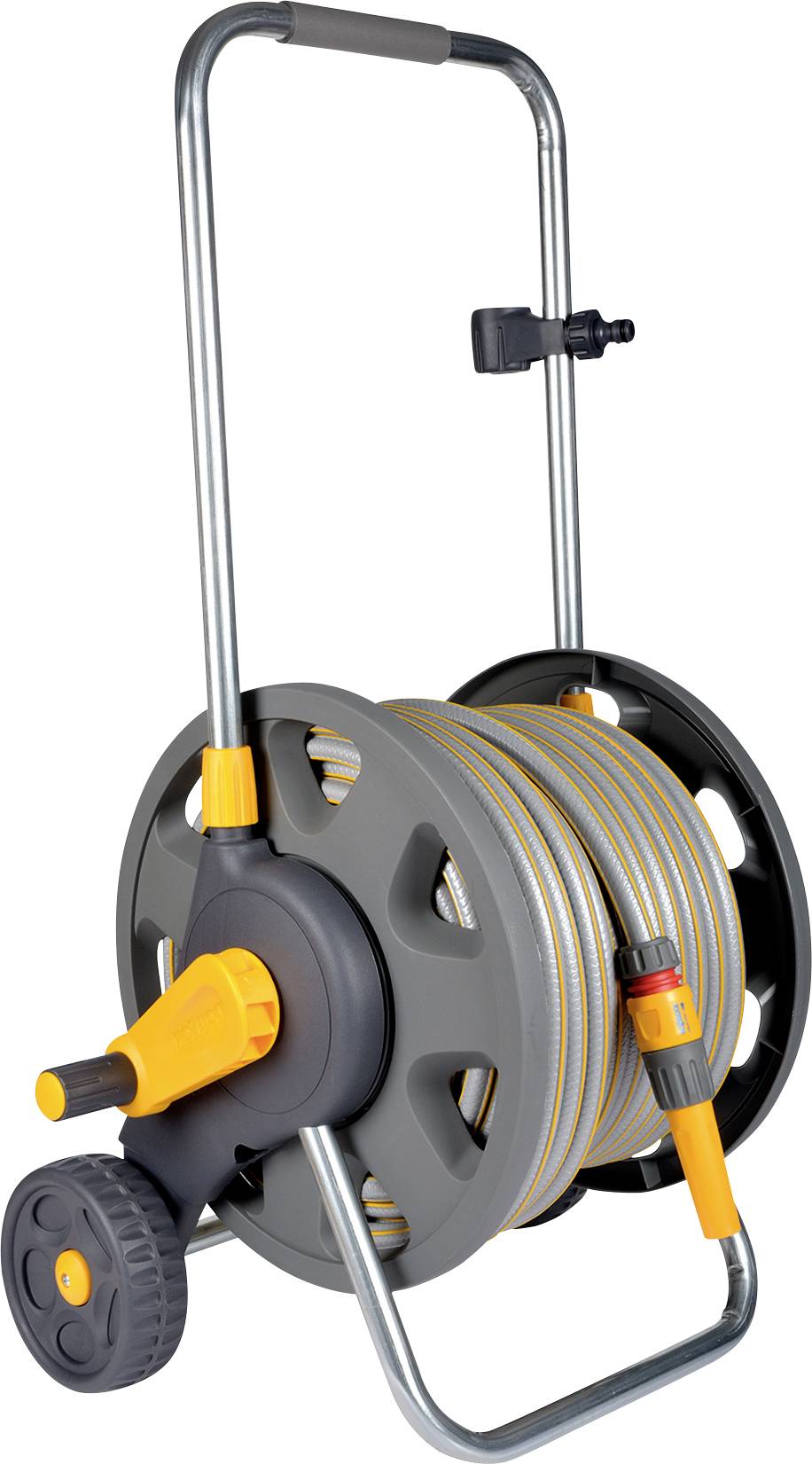 Eine Gartenschlauchtrommel mit grauem und gelbem Design, mit einem ordentlich um die Trommel aufgewickelten Schlauch, auf einem Metallrahmen mit Griff montiert.