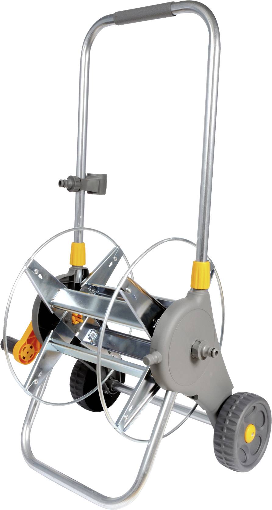 Ein silberner und orangefarbener Schlauchaufrollen-Wagen mit zwei großen Rädern und einem Griff, konzipiert für einfachen Transport und Schlauchaufbewahrung.