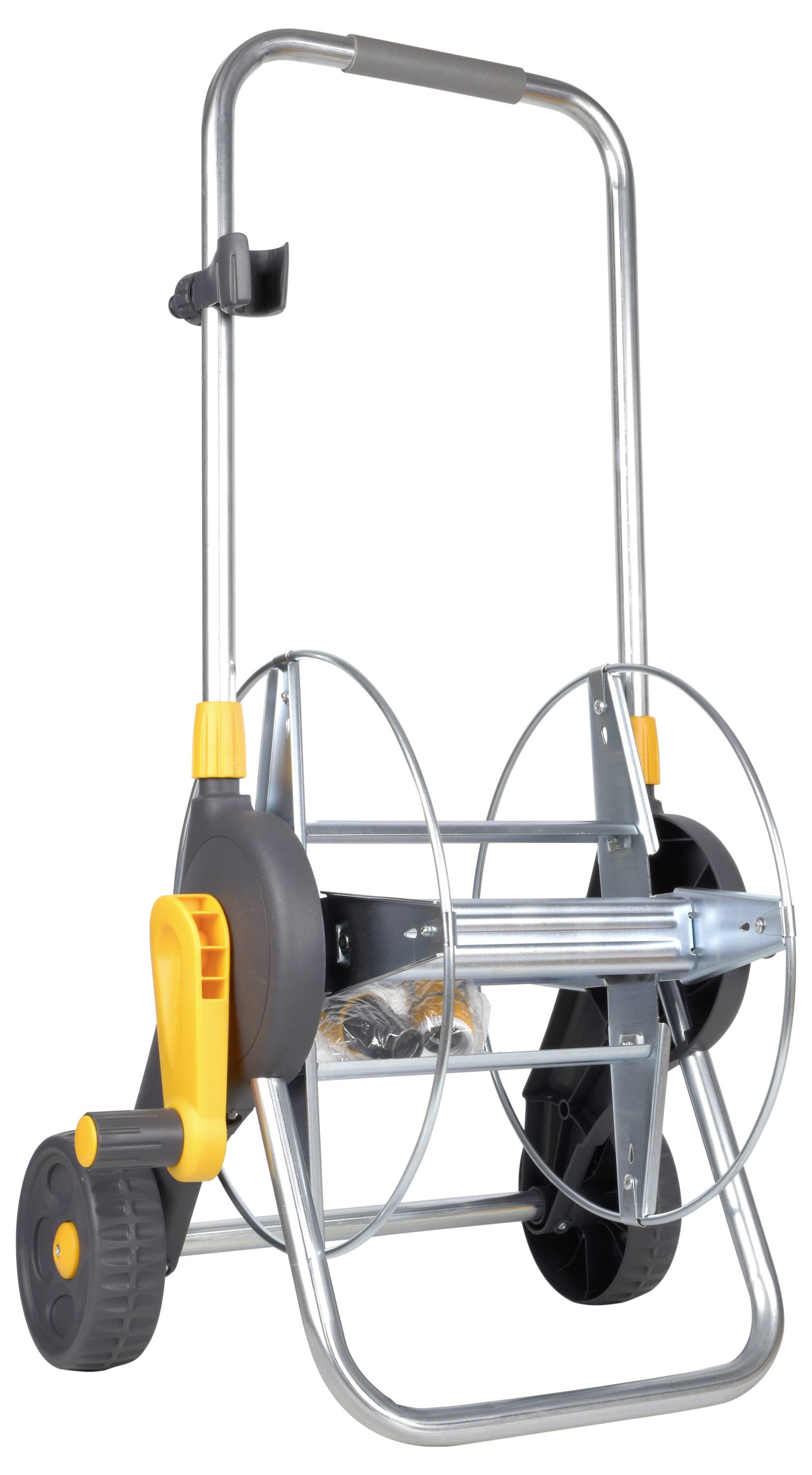 Ein Metallgartenschlauch-Spulenwagen mit gelbem Griff und zwei Rädern, konstruiert für einfachen Transport und Lagerung von Gartenschläuchen.