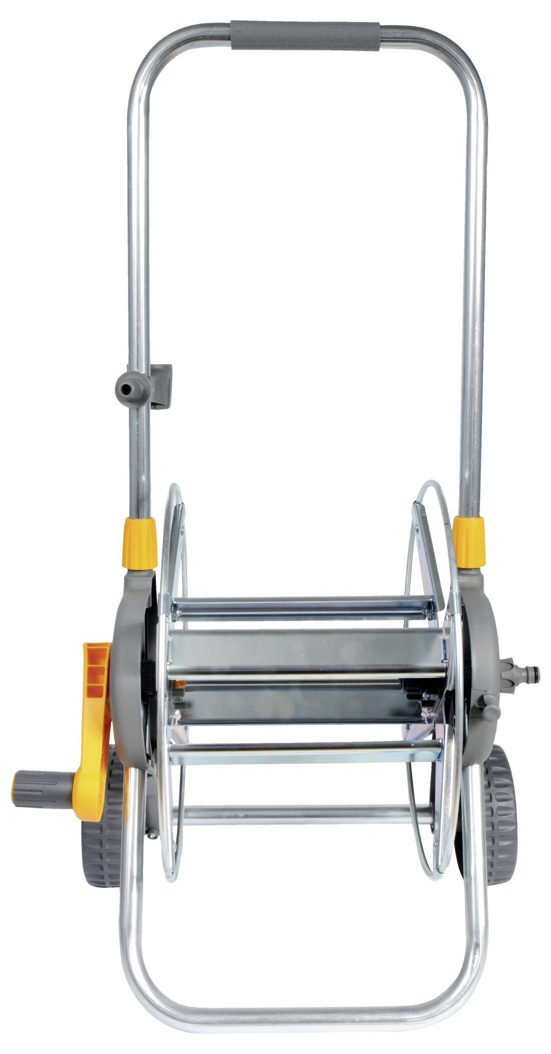 Ein Metallschlauchrollenkarren mit orangefarbenen Akzenten, Kurbelgriff, zwei Rädern und einem hohen Griff zum einfachen Transport.