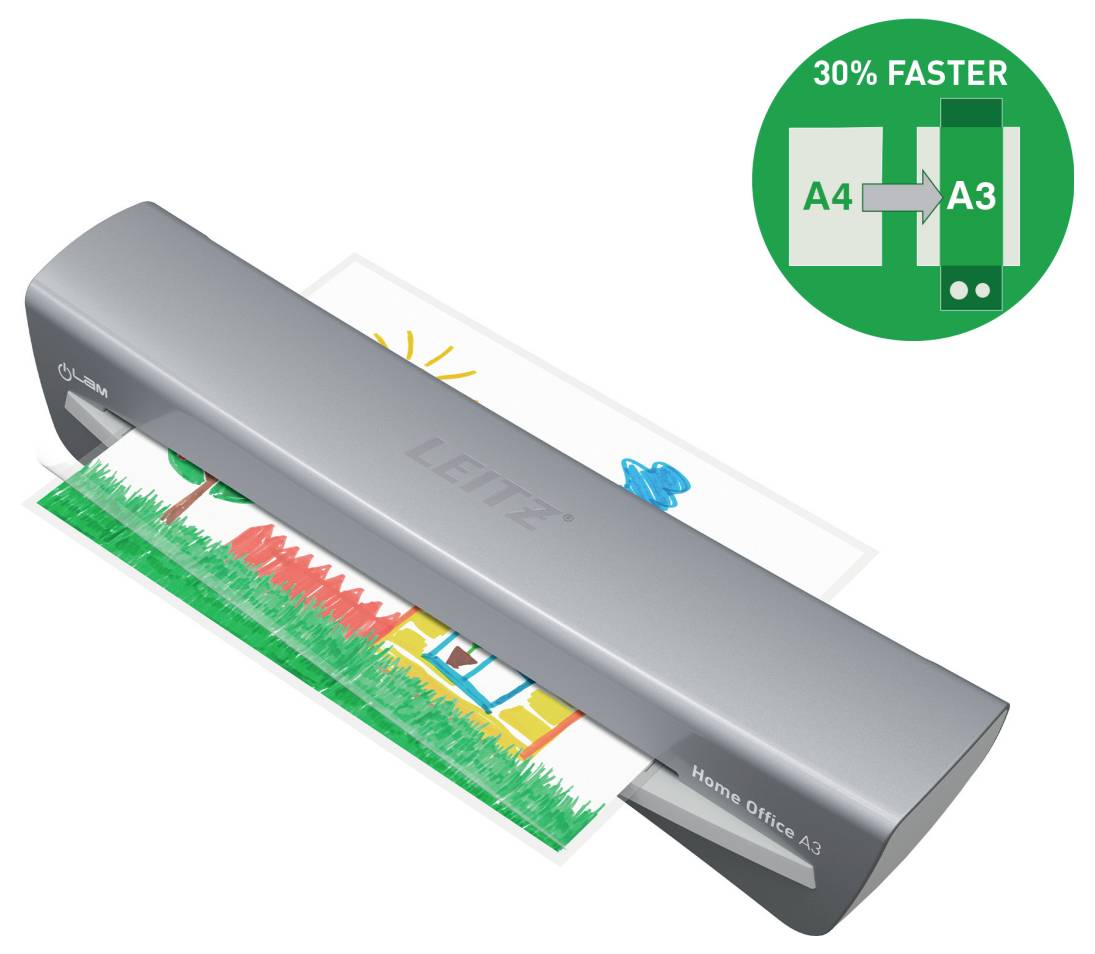 Ein grauer Laminiergerät mit einer bunten Zeichnung, die laminiert wird. Ein grünes Abzeichen in der Ecke liest 