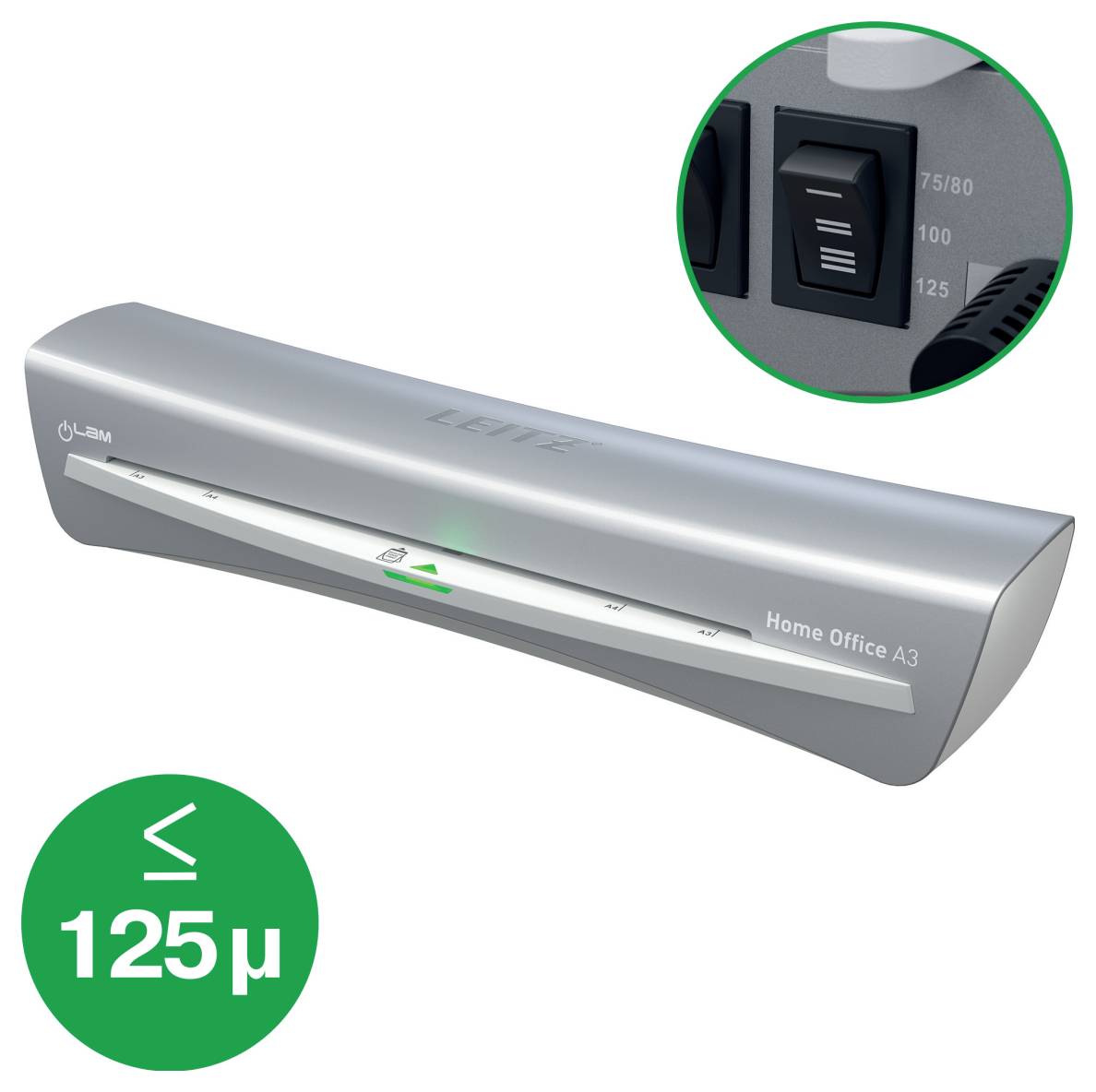Ein silberner A3-Laminiergerät mit einstellbaren Einstellungen und einer hervorgehobenen Vergrößerung des Wärme- und Geschwindigkeitsreglers, gekennzeichnet mit „≤ 125µ