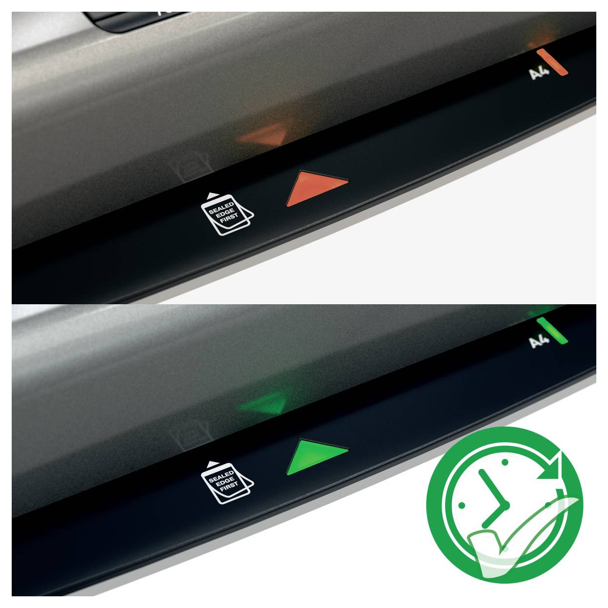 Nahaufnahme der Bedienfeld eines Laminators mit Pfeilen: oberes Bild mit rotem Dreieck zeigt 