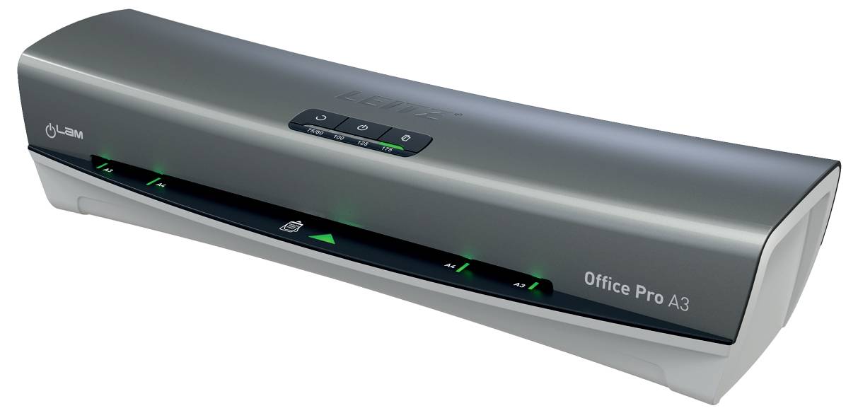 Ein elegantes, silbernes Laminiergerät mit der Bezeichnung „Office Pro A3