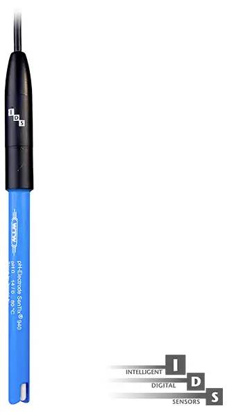 Eine blau und schwarz gefärbte pH-Elektrode mit der Aufschrift „IDS