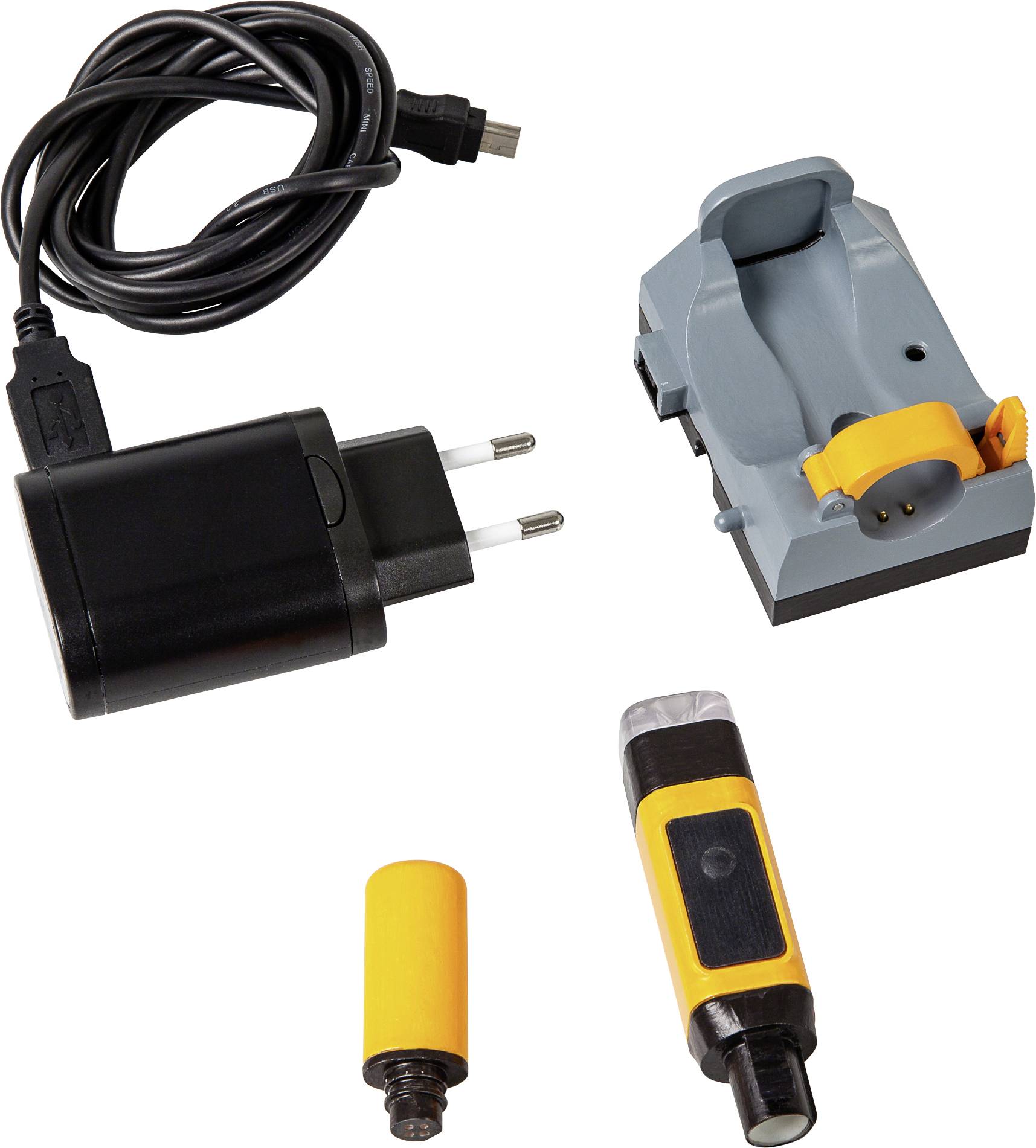 Elektronische Gerätekomponenten auf weißem Hintergrund. Umfasst ein schwarzes USB-Kabel mit Stecker, eine Dockingstation und zwei kleine zylindrische Teile.