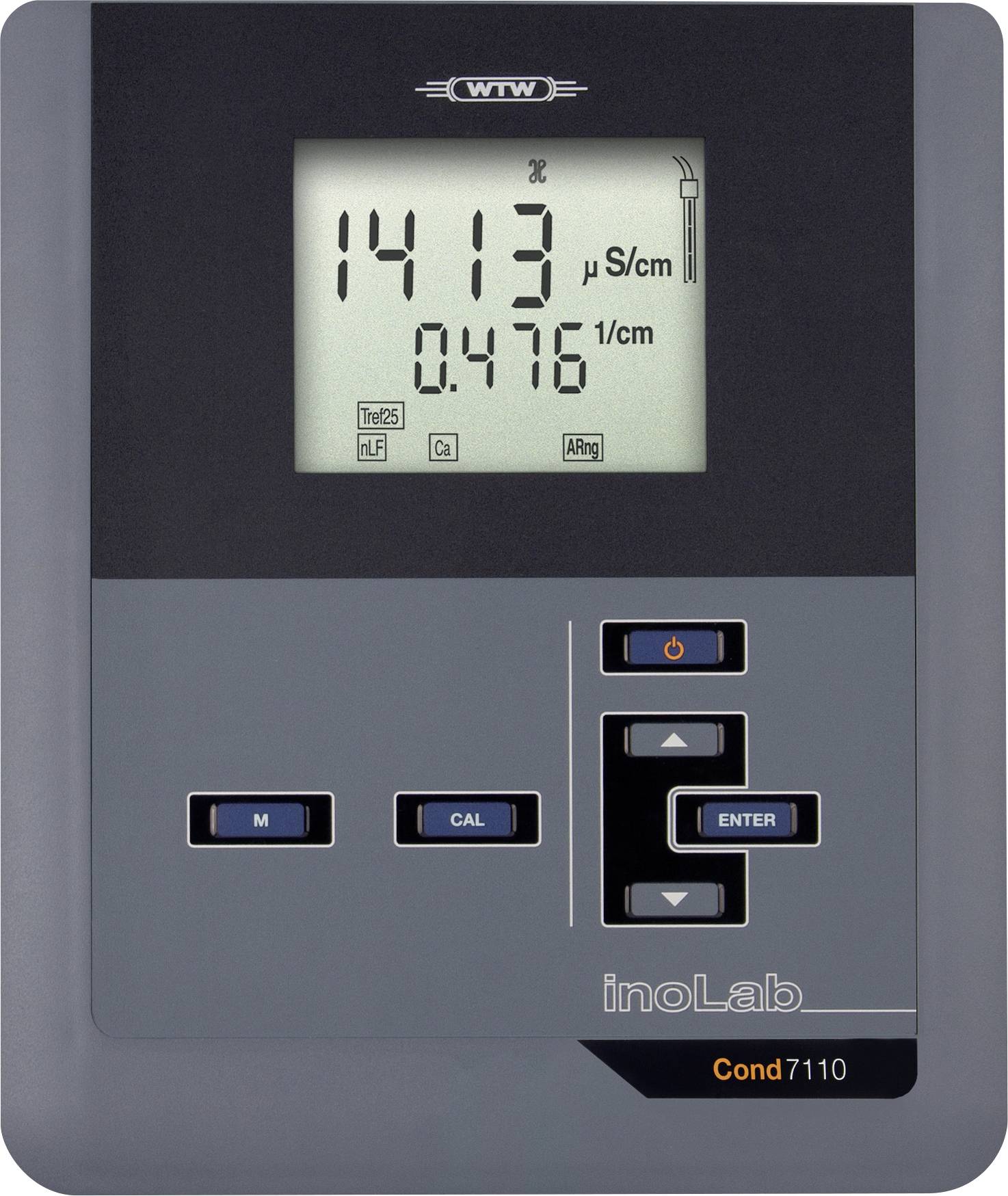 Digitale Leitfähigkeitsmessgerät-Anzeige mit Messwerten von 1413 µS/cm und 0,476 S/cm. Tasten zur Kalibrierung und Dateneingabe sind vorhanden.