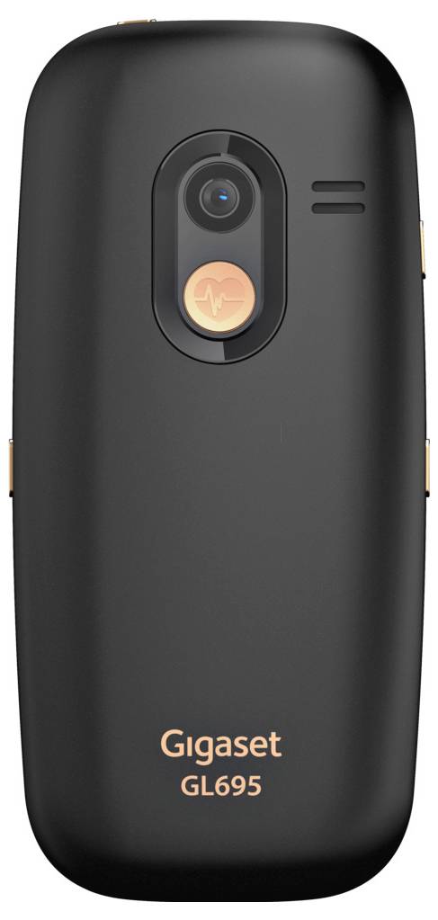 Schwarzes Klapptelefon mit Kamera und Lautsprecher auf der Rückseite, mit der Bezeichnung „Gigaset GL695