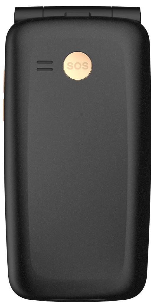 Ein schwarzes Klapptelefon, das geschlossen auf einer Oberfläche ruht und auf der Rückseite eine orangefarbene 