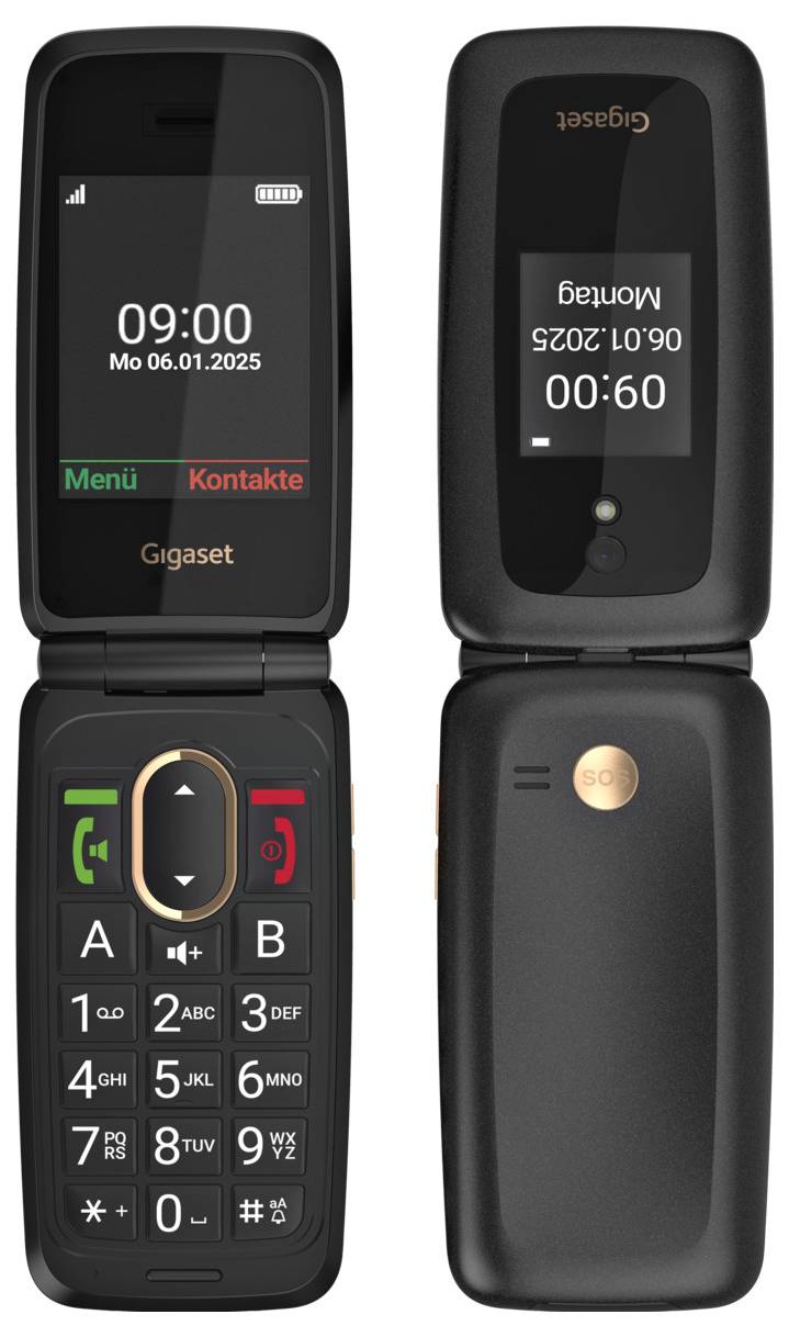 Ein schwarzes Klapptelefon mit der Uhrzeit 09:00 und 00:00 auf seinem äußeren und inneren Bildschirm, mit fettem Ziffernblock und „Gigaset